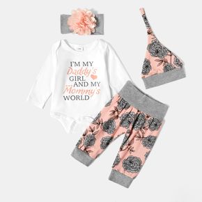 4pcs Baby Girl 95% Cotton Long-sleeve Letter and Floral Print Set