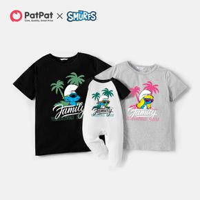 Smurfs Palm Print Summer Vacation Cotton Familly Matching Tees and Jumpsuit