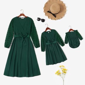 Solid Dark Green Mesh Sleeve Matching Midi Dresses