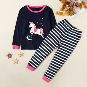 Fashionable Unicorn Moon Stars Print Long-sleeve Tee and Striped Pants Set