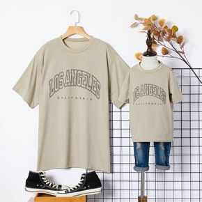 Khaki Letter Print Short Sleeve T-shirt for Mom and Me（Loose Drop Shoulder Design）