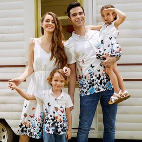 Butterfly Floral Series Family Matching Sets（Bow Tie Shoulder Dress for Women - Button Front Shirts -  Rompers）