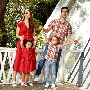 100% Cotton Red Series Family Matching Sets(Solid Red Front Buttons Dresses for Mom and Girl ; Plaid Button Front Shirts for Dad and Boy)