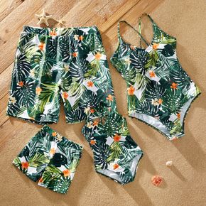 Floral Leaf Print Family Matching Swimsuits(One-piece Cross Back Swimsuits for Mom and Girl ; Swim Trunks for Dad and Boy)