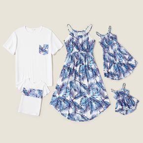 Mosaic Blue Leaves Print Family Matching White Sets