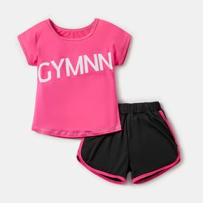 2-piece Kid Girl Letter Print T-shirt and Striped Elasticized Shorts Yoga Sporty Set