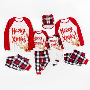 Mosaic Christmas Merry Xmas and Reindeer Print Plaid Family Matching Pajamas Sets (Flame Resistant)