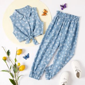 2-piece Kid Girl Butterfly Print Tie Knot Sleeveless Top and Paperbag Jeans Denim Pants Set