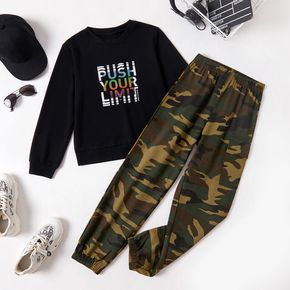 2-piece Kid Boy Letter Print Long-sleeve Top and 100% Cotton Camouflage Joggers Pants Set