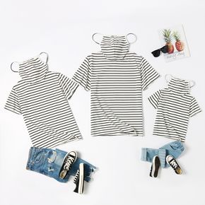 Stripe Print Cotton Short Sleeve T-shirts with Attached Face Mask