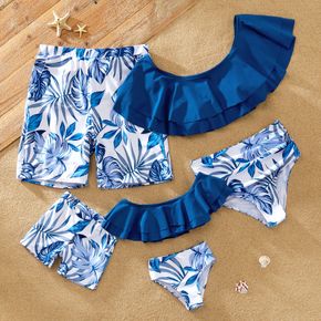 Family Look Ruffle Solid Top Leaf Print Matching Swimsuits
