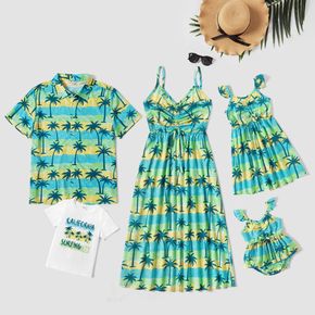 Coconut Tree and Stripe Print Color Block Family Matching Green Sets
