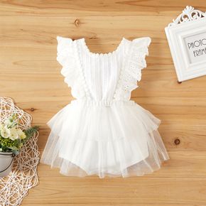 100% Cotton Ruffle and Lace Decor Mesh Layered Flutter-sleeve Baby Romper