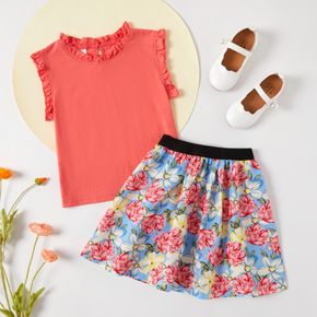 Pretty Kid Girl Flounced Collar Sleeveless Top Floral Print Skirt 2-piece Set