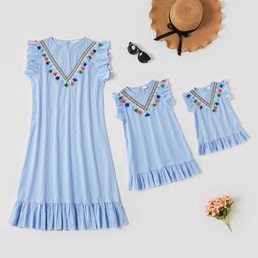 Blue and White Stripe Tassel Print Sleeveless Cotton Mini Dresses for Mommy and Me