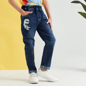 Kid Boy Animal Dinosaur Print Elasticized Straight Denim Jeans