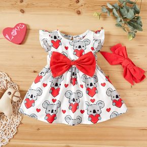 2-piece Baby Girl Koala Heart Print Bowknot Decor Flutter-sleeve Dress and Headband Set
