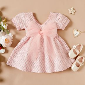 Solid Bow Decor Short-sleeve Pink Baby Dress
