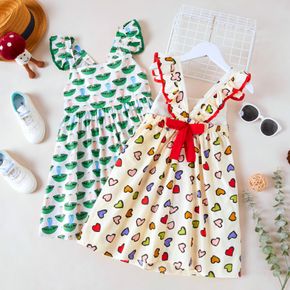 Pretty Kid Girl Flutter-sleeve Heart-shaped Mushroom Print Dress