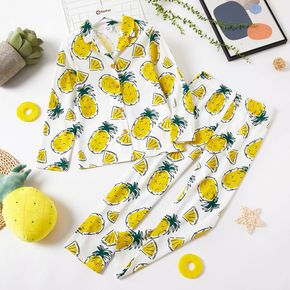 2-piece Kid Girl/Kid Boy Pajamas Set, Fruit Strawberry/Pineapple Print Button design Lapel Collar Top and Elasticity Pants Sleepwear Set