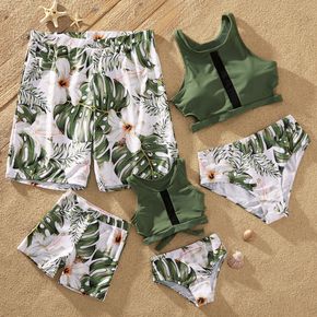 Family Look Solid Top and Floral Print Shorts Matching Swimsuits
