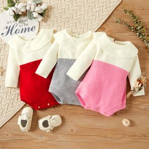 Beautiful Baby Girl Doll Collar Long-sleeve Color block Knit Romper