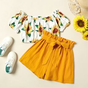 Pretty Kid Girl Sunflowers Floral Print Off Shoulder Top Bowknot Shorts Casual Sets
