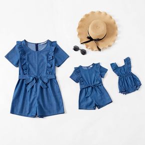 Solid Blue Ruffle Short-sleeve Shorts Romper for Mom and Me