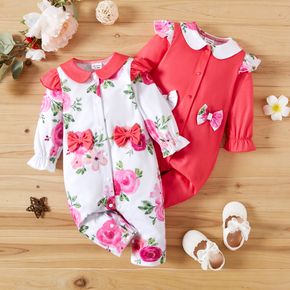Baby Girl Doll Collar Bowknot Floral Print/Solid Ruffled Long-sleeve Jumpsuit