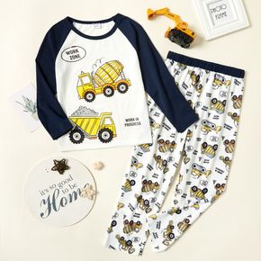 2-piece Kid Boy Pajamas Set, Round-collar Letter Vehicle Print Long-sleeve Top and Elasticized Pants Sleepwear Set
