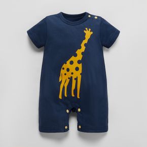 100% Cotton Giraffe Print Short-sleeve Navy Blue Baby Romper