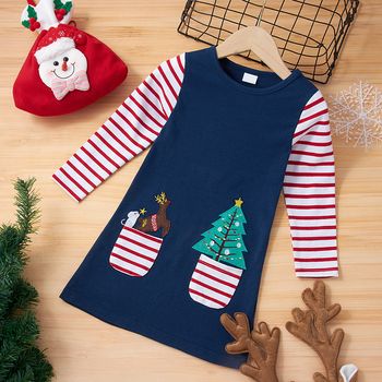 Toddler Girl Christmas Tree Deer Embroidered Stripe Long-sleeve Dress