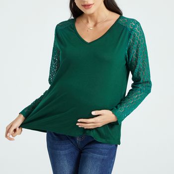 Maternity Lace Long-sleeve Round-collar Dark Green T-shirt