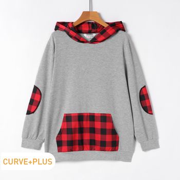 Women Plus Size Casual Christmas Plaid Pocket Design Hoodie Sweatshirt