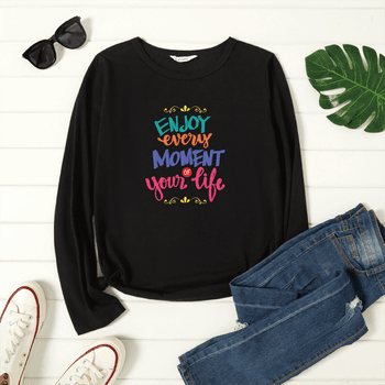 Women Graphic Colorful Letter Print Round Neck Long-sleeve T-shirt