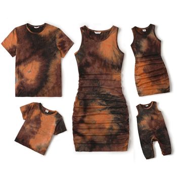 Family Matching Brown Tie Dye Ruched Bodycon Tank Dresses and Short-sleeve T-shirts Sets