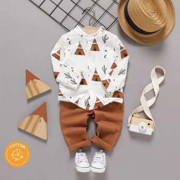 100% Cotton 2pcs Baby Boy Allover Print Mock Neck Long-sleeve Shirt and Solid Pants Set