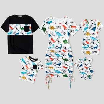 Family Matching Allover Dinosaur Print Drawstring Ruched Bodycon Dresses and Short-sleeve T-shirts Sets
