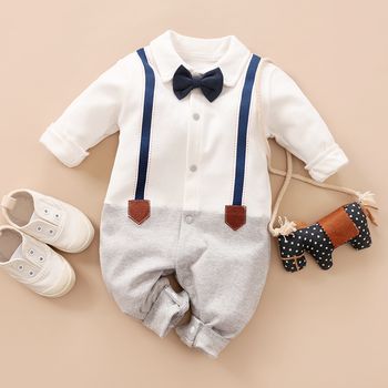 100% Cotton Color Block Lapel Collar Bow Tie Decor Faux-two Long-sleeve Baby Jumpsuit