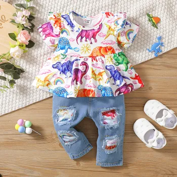 2pcs Baby Girl 95% Cotton Ripped Jeans and Allover Dinosaur Print Ruffle Short-sleeve Top Set