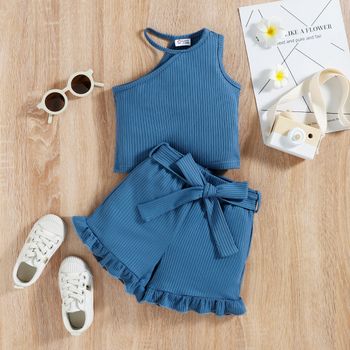 2pcs Toddler Girl One Shoulder Ribbed Blue Tank Top and Ruffled Belted Shorts Set