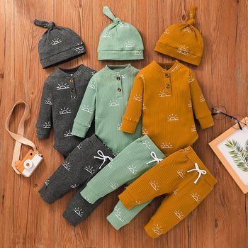3-piece Baby Boy Sun Print Button Design Ribbed Long-sleeve Romper, Elasticized Pants and Cap Set