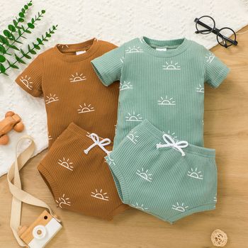 2pcs Baby Boy/Girl 95% Cotton Ribbed Short-sleeve All Over Sun Print Top and Shorts Set
