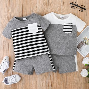 2pcs Baby Boy 95% Cotton Short-sleeve Striped Colorblock T-shirt and Shorts Set