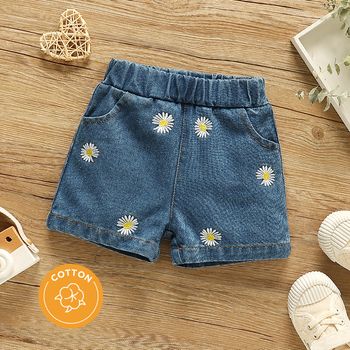 100% Cotton Baby Boy/Girl Allover Daisy Embroidered Denim Shorts