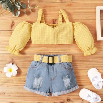 2pcs Toddler Girl Plaid Cold Shoulder Puff-sleeve Yellow Camisole and Belted Ripped Denim Jeans Set
