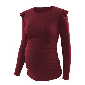 Maternity Burgundy Color Round-collar Long-sleeve T-shirt