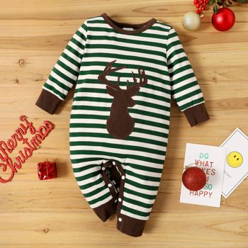Christmas Reindeer Pattern Baby Striped Long-sleeve Cotton Jumpsuit