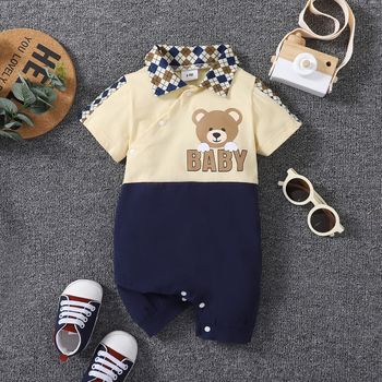 Baby Boy/Girl 95% Cotton Short-sleeve Argyle Pattern Collar Cartoon Bear & Letter Print Colorblock Romper