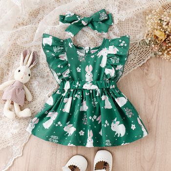 Easter 2pcs Baby Girl Allover Rabbit Print Ruffle Trim Sleeveless Dress & Headband Set